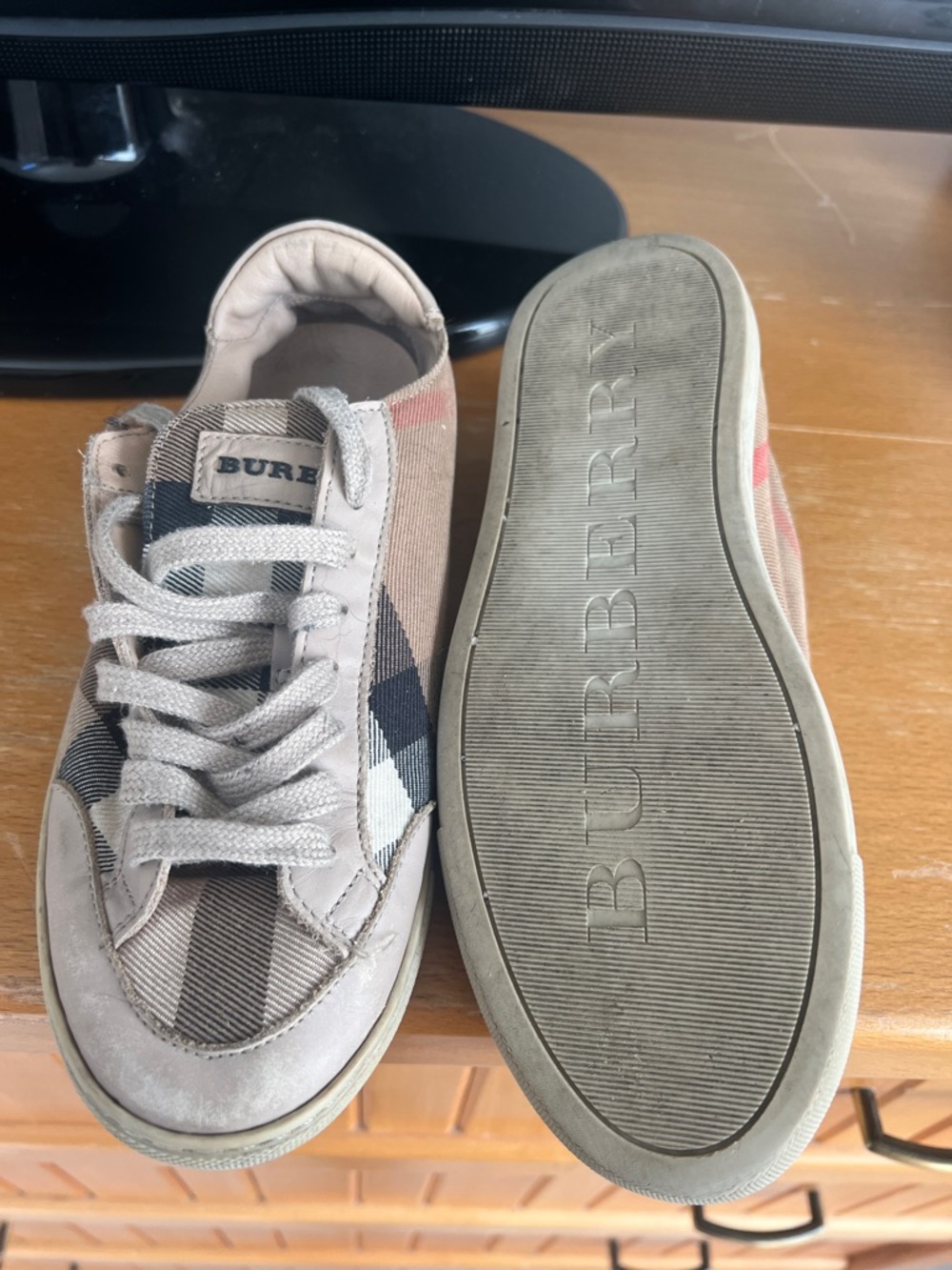 AUTHENTIC Burberry Tan and Black Check Kids Lace-Up Sneakers